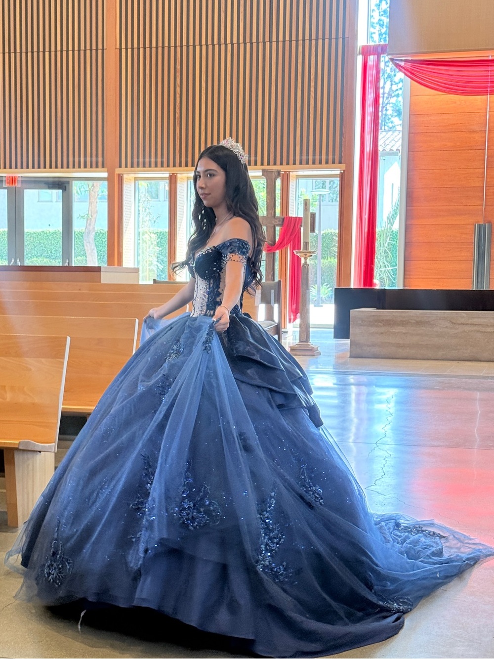 Quinceanera Navy Blue Off-Shoulder Dress with Embellished Tulle